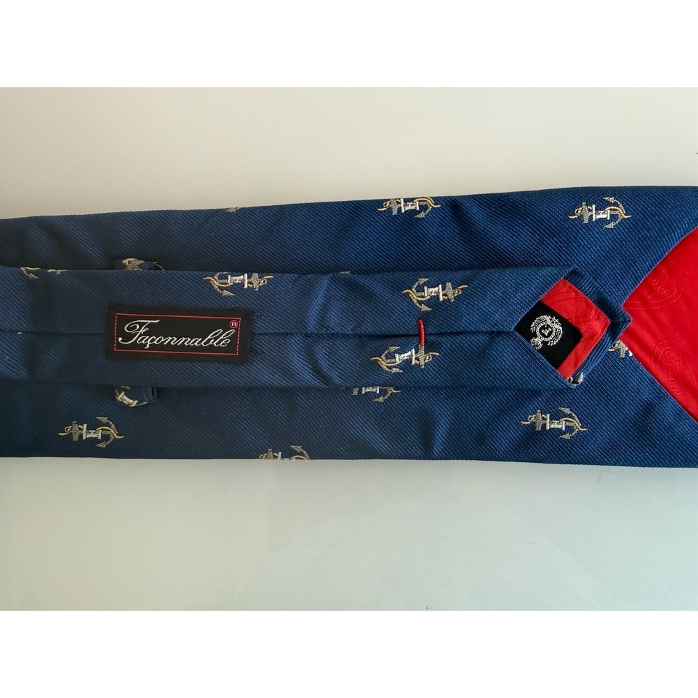 FACONNABLE 100% Silk Tie Hand Made ITALY Designer Blue Nautical Logo Rare! - Picture 2 of 6